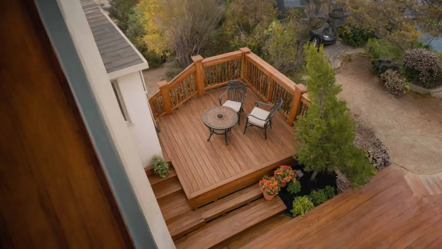 Raised wood deck with railings off a Sunnyvale home