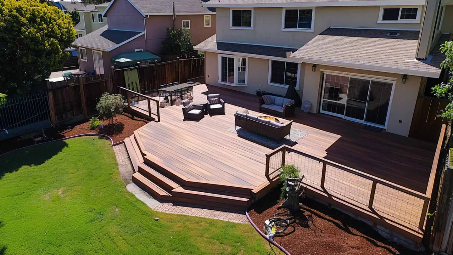 Aerial view of a multi-level backyard deck in Redwood City