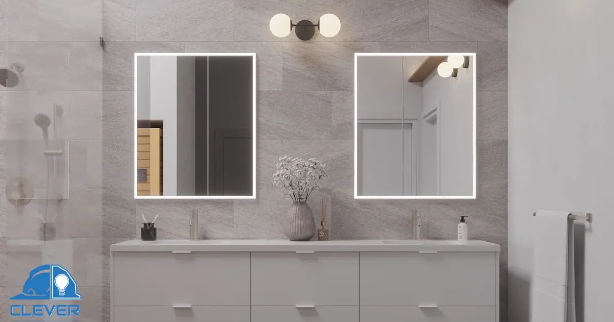 Bathroom with floating vanity, round mirrors and wall sconces