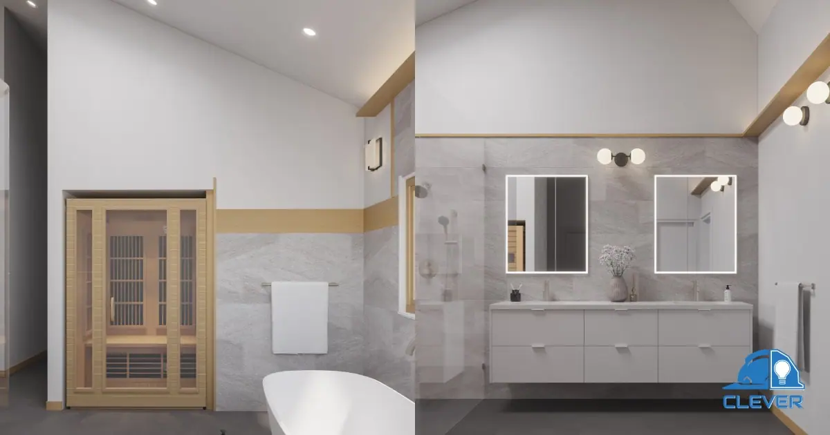 Master bath with a cedar sauna next to the double vanity