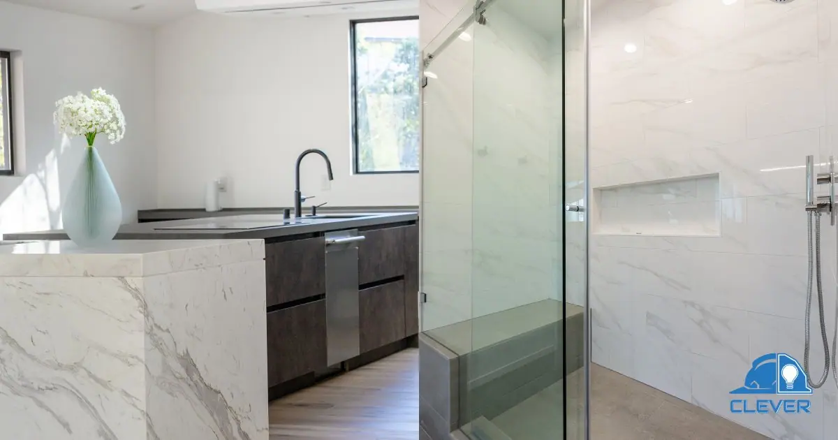 Kitchen with marble-look counters and integrated appliances