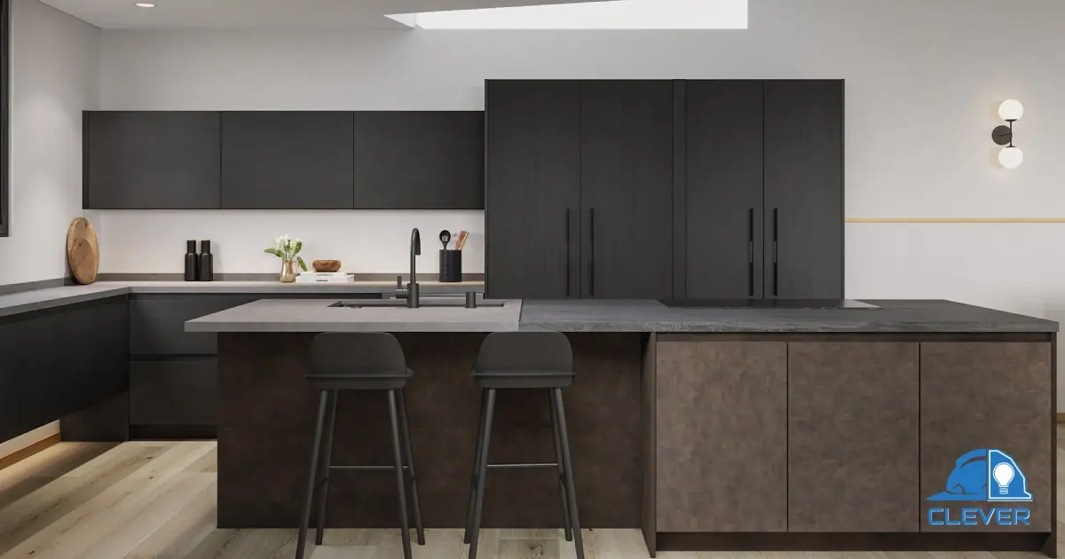 Modern kitchen with dark cabinetry, a stone-clad island and bar stools