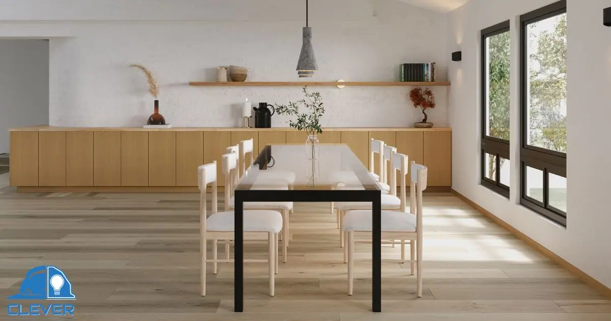 Open-plan kitchen and dining area with light wood cabinetry and large windows