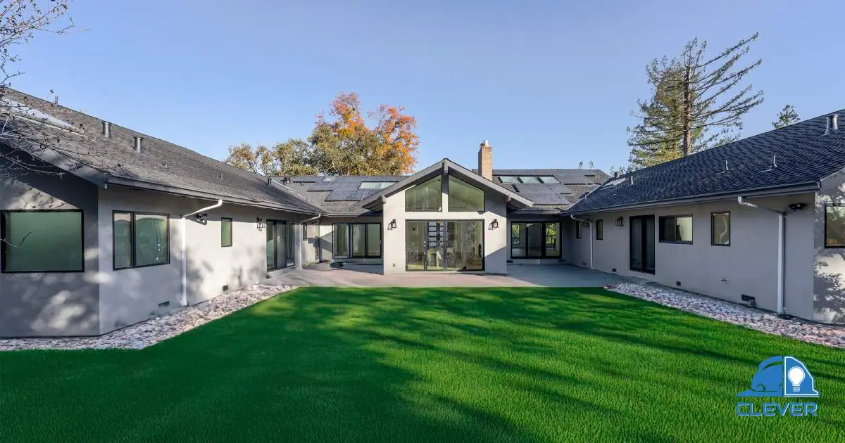 Exterior courtyard and new lawn of the renovated Atherton home
