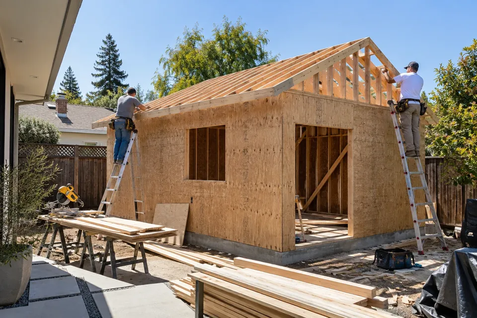 A detached ADU at the framing stage in a Bay Area backyard: walls sheathed, roof framed, two workers in plain clothes on ladders