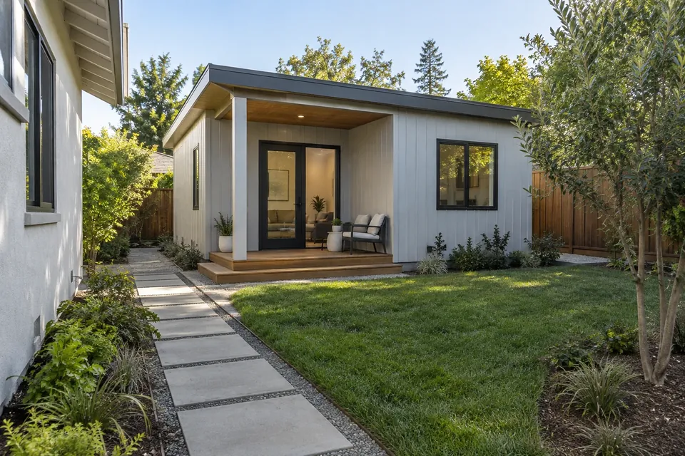 A finished detached ADU in a Bay Area backyard: a small porch, simple modern siding, a paver path from the main house