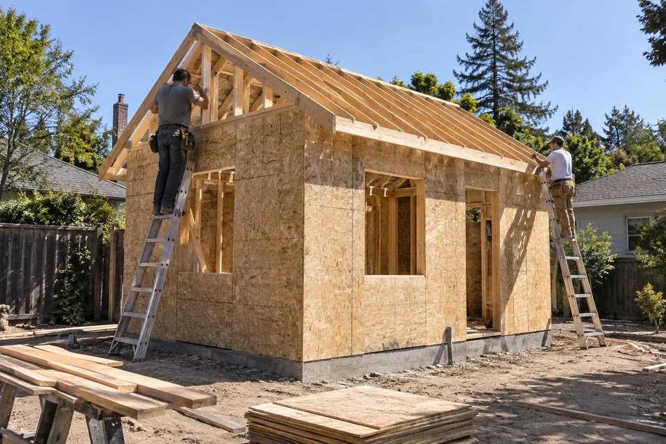 A detached ADU at the framing stage in a Sunnyvale backyard: walls sheathed, roof framed, two workers in plain clothes on ladders