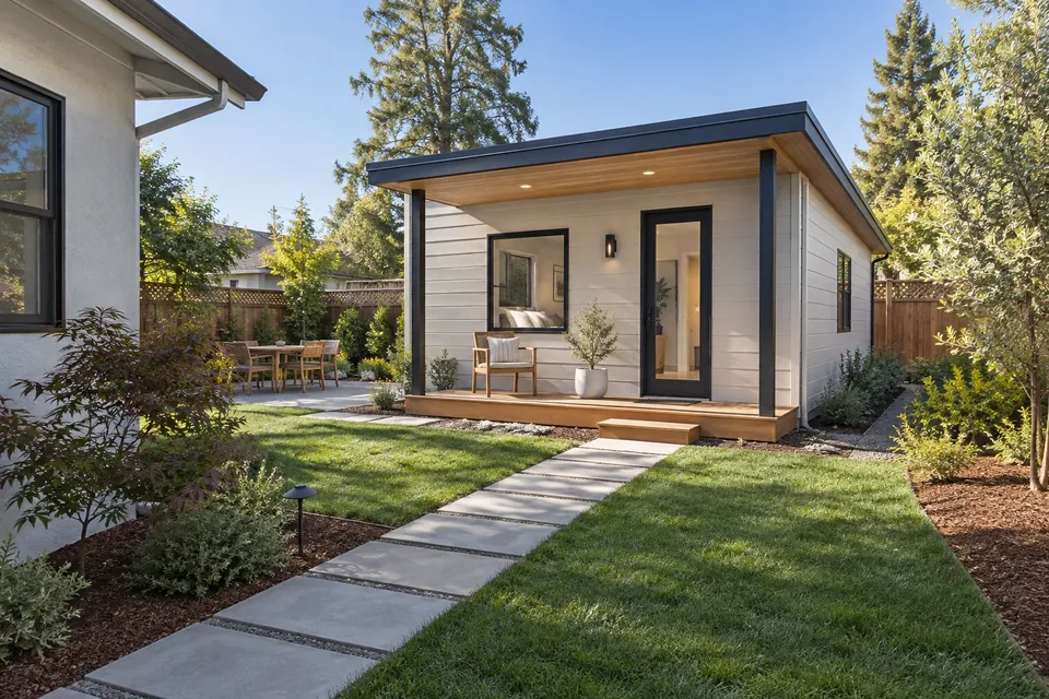 A finished detached ADU in a Sunnyvale backyard: a small porch, simple modern siding, a paver path from the main house
