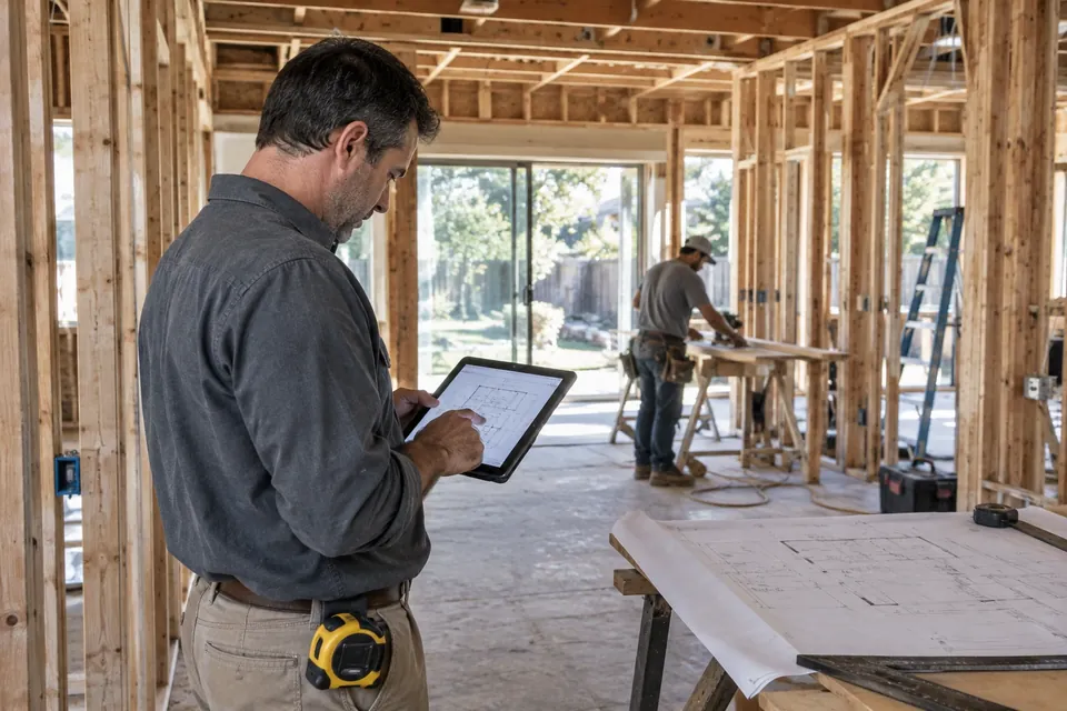 A remodel underway in a Bay Area home: a project manager checking work against the plans with a tablet, the room at the framing stage
