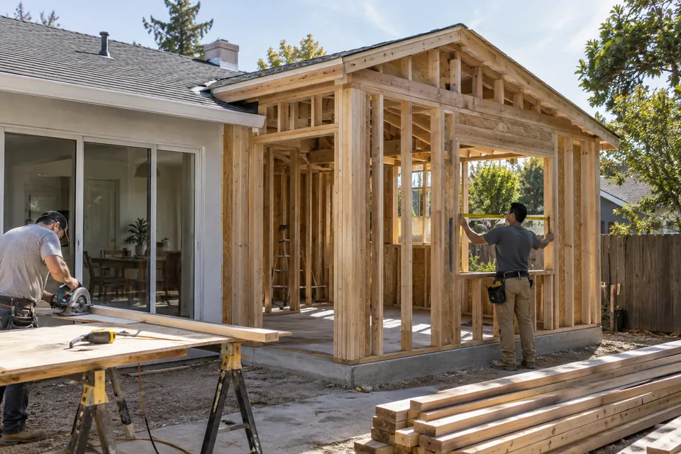 A rear home addition being framed onto a Bay Area house, the new roofline tying into the old one, a worker measuring a window opening