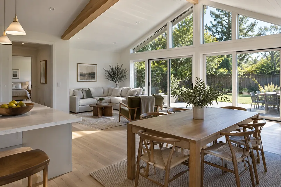 Inside a finished addition in a Bay Area home: vaulted ceiling, big windows to the yard, white-oak floors, simple furniture