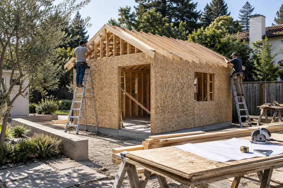 A detached ADU at the framing stage in a Hillsborough backyard: walls sheathed, roof framed, two workers in plain clothes on ladders