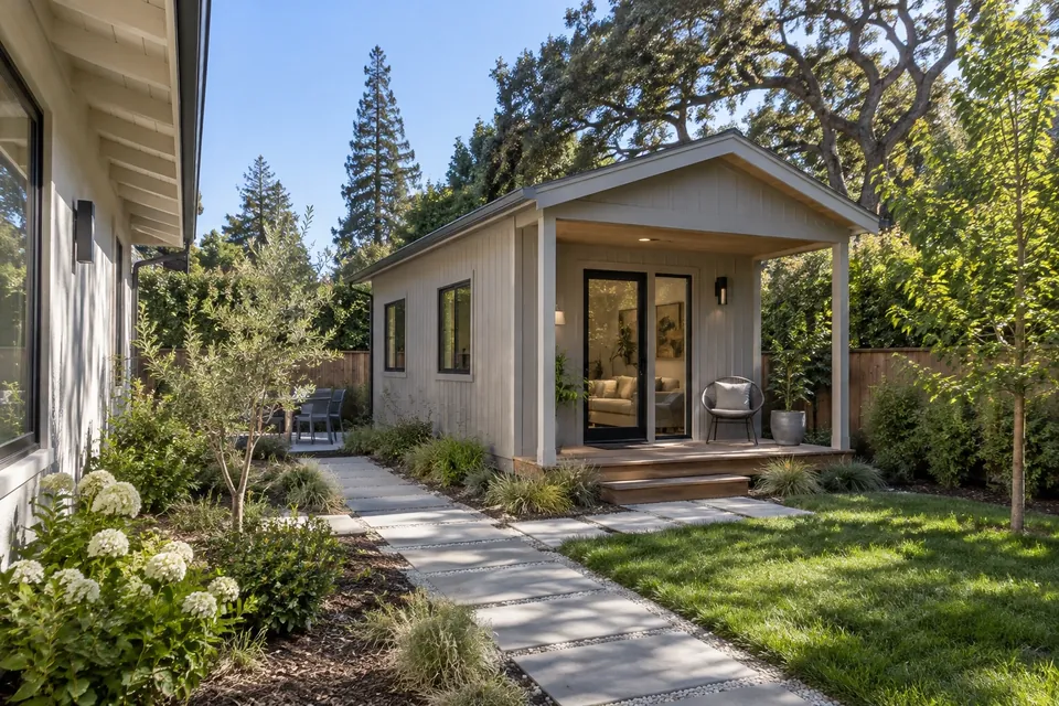 A finished detached ADU in a Hillsborough backyard: a small porch, simple modern siding, a paver path from the main house