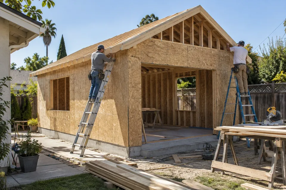 A detached ADU at the framing stage in a San Jose backyard: walls sheathed, roof framed, two workers in plain clothes on ladders
