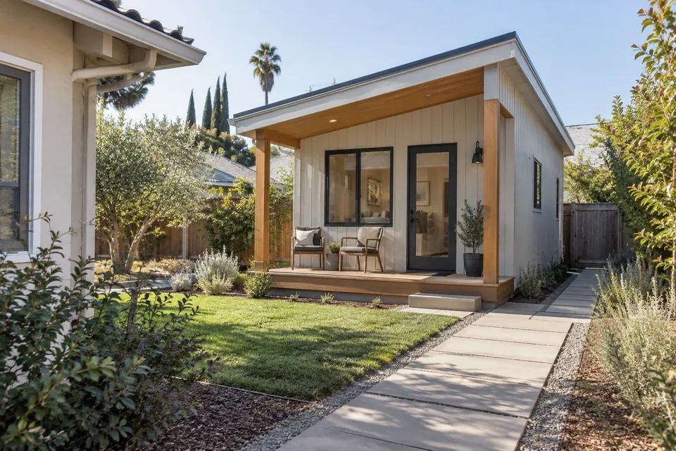 A finished detached ADU in a San Jose backyard: a small porch, simple modern siding, a paver path from the main house