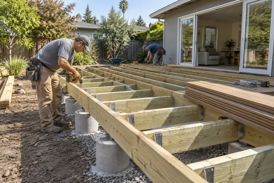 A new deck frame in a San Jose backyard: joists on concrete piers, hangers and blocking, the first boards stacked, a worker with a drill