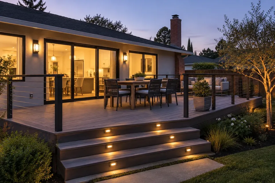A finished composite deck behind a San Jose home at dusk, built-in step lights, cable railing, outdoor dining set