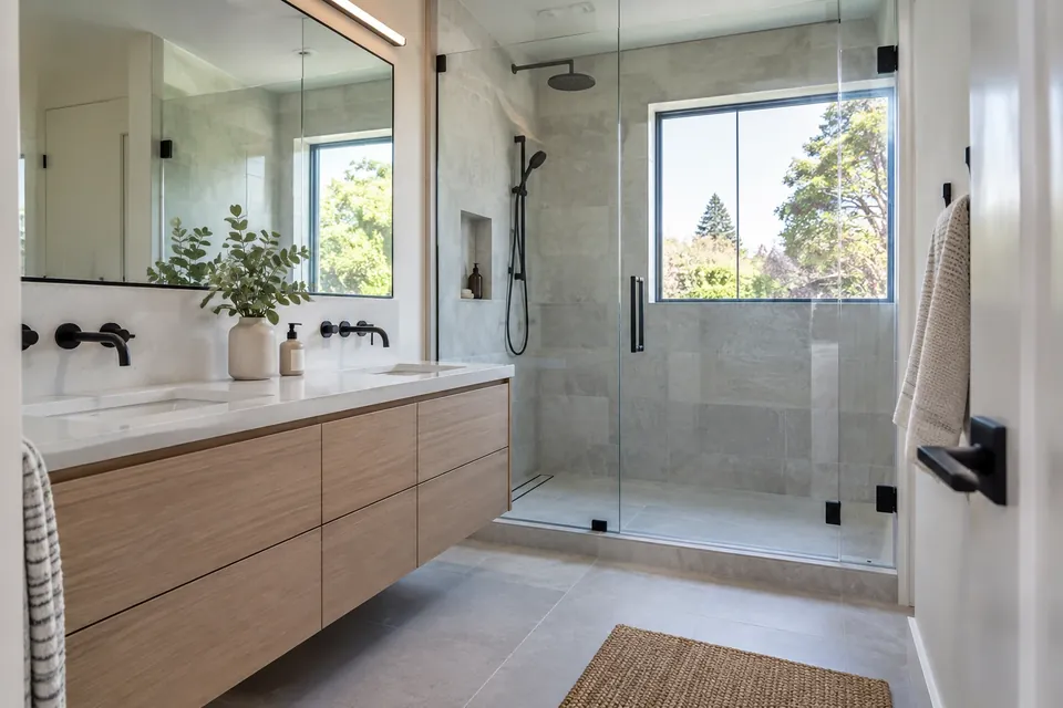 The finished bathroom in a Palo Alto home: frameless glass shower, a floating vanity, large-format tile, matte black fixtures, window light