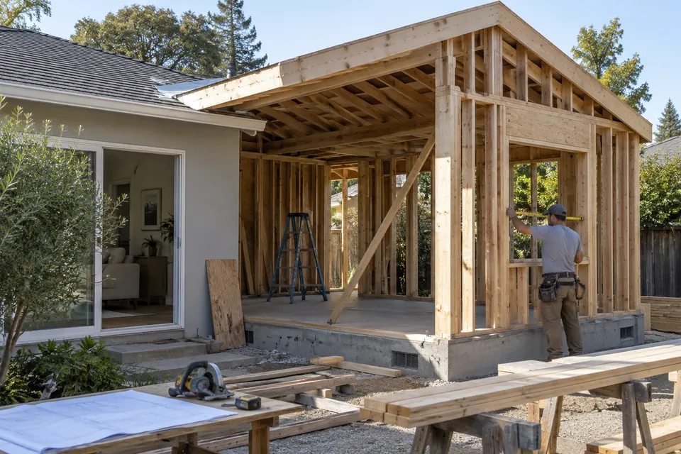 A rear home addition being framed onto a Palo Alto house, the new roofline tying into the old one, a worker measuring a window opening