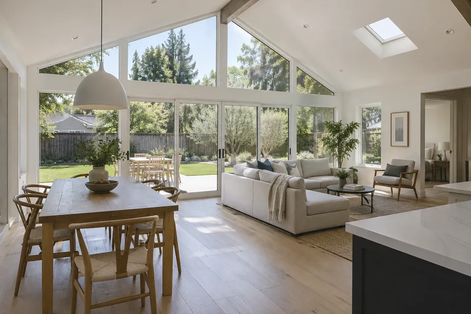 Inside a finished addition in a Palo Alto home: vaulted ceiling, big windows to the yard, white-oak floors, simple furniture