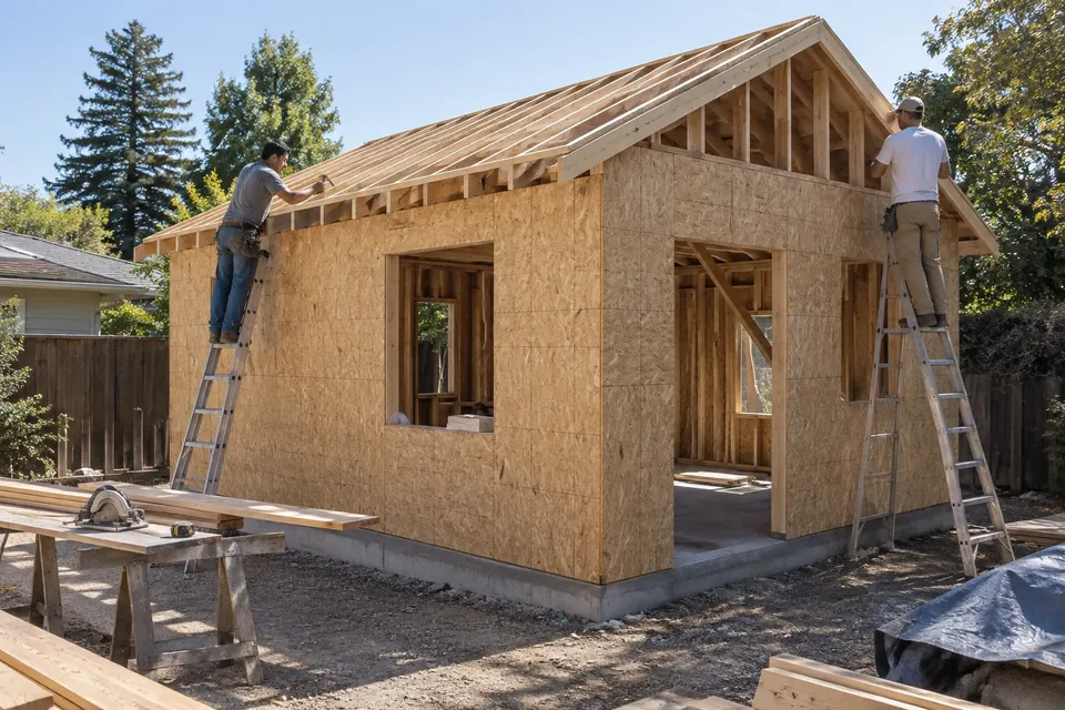 A detached ADU at the framing stage in a Palo Alto backyard: walls sheathed, roof framed, two workers in plain clothes on ladders