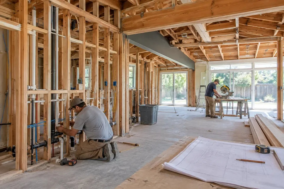 A whole-home remodel in a Palo Alto house opened to the studs: a new beam overhead, rough plumbing and electrical, light pouring through