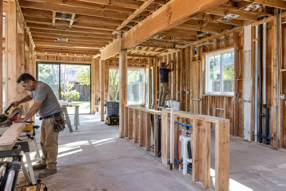 A whole-home remodel in a Mountain View house opened to the studs: a new beam overhead, rough plumbing and electrical, light pouring through