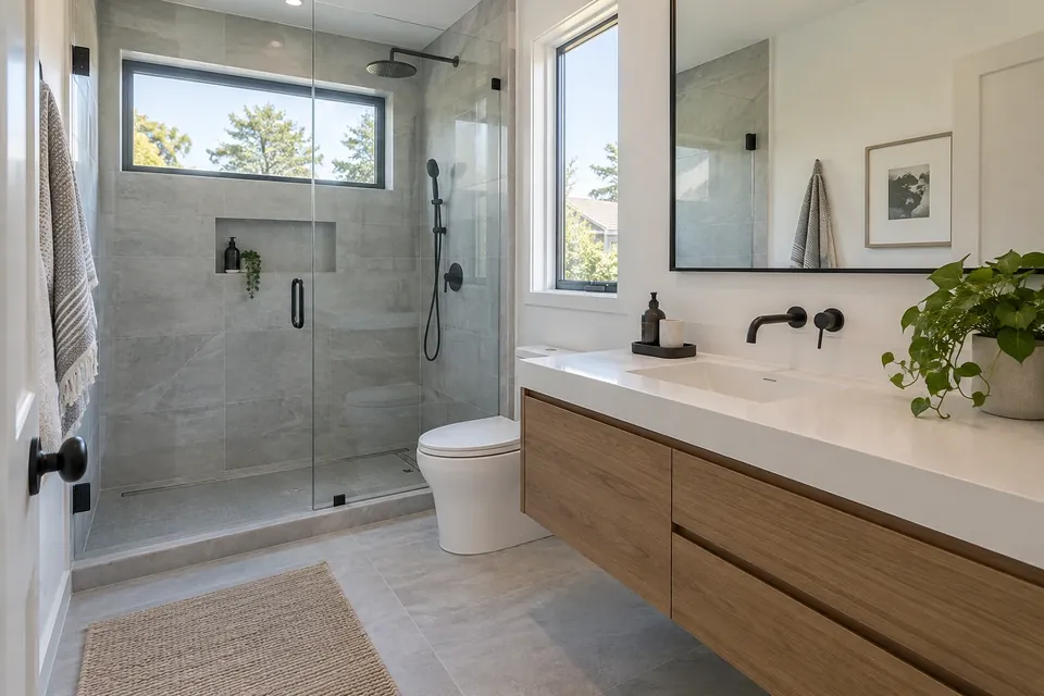 The finished bathroom in a Sunnyvale home: frameless glass shower, a floating vanity, large-format tile, matte black fixtures, window light