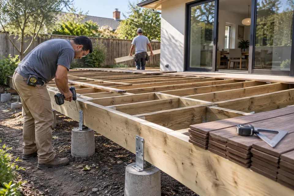 A new deck frame in a Sunnyvale backyard: joists on concrete piers, hangers and blocking, the first boards stacked, a worker with a drill