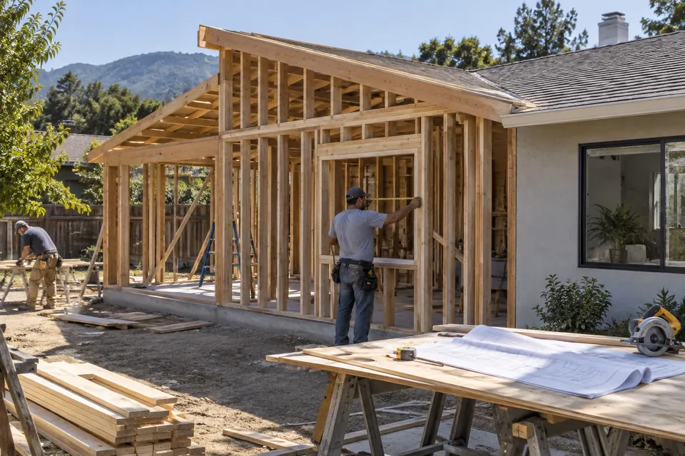 A rear home addition being framed onto a Mountain View house, the new roofline tying into the old one, a worker measuring a window opening