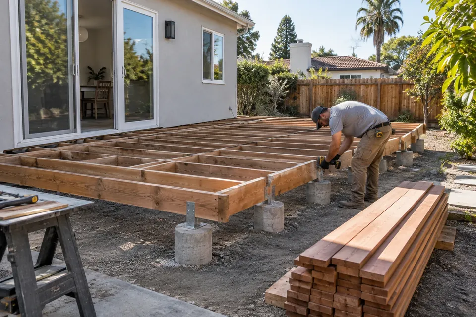 A new deck frame in a Redwood City backyard: joists on concrete piers, hangers and blocking, the first boards stacked, a worker with a drill
