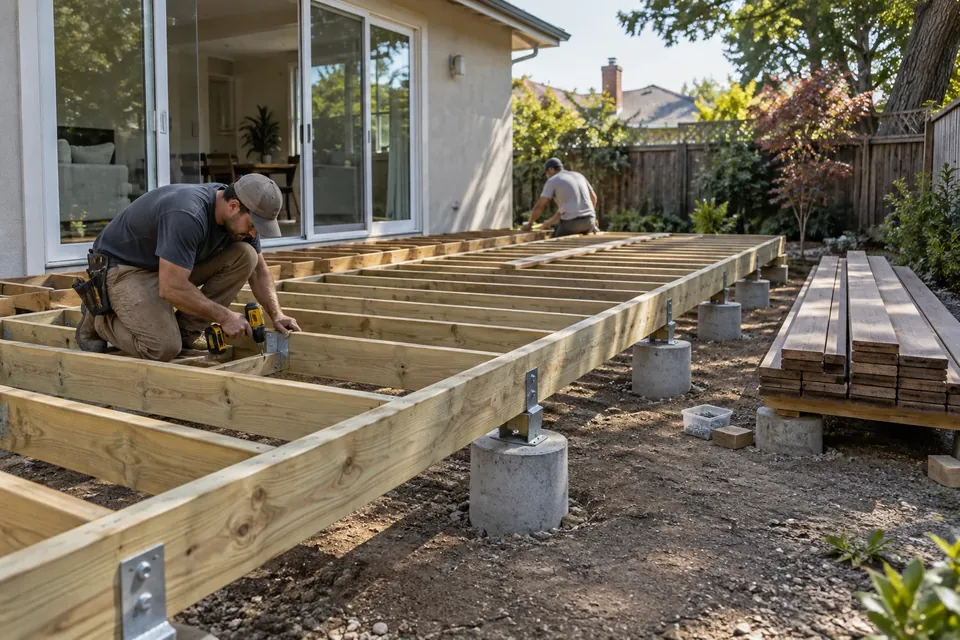 A new deck frame in a Hillsborough backyard: joists on concrete piers, hangers and blocking, the first boards stacked, a worker with a drill