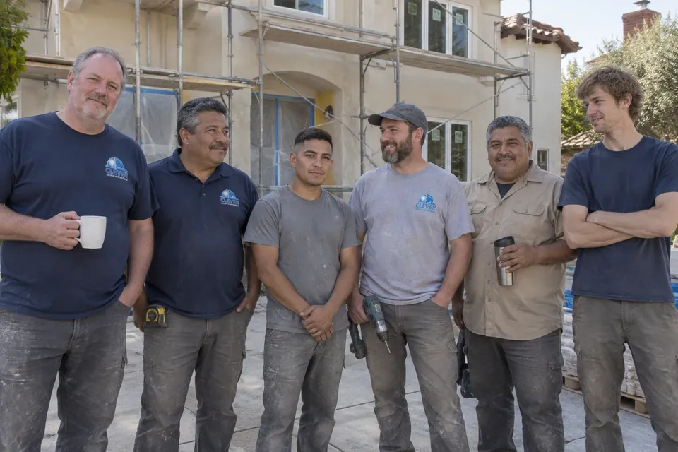 A six-person crew in the driveway of a house being remodeled