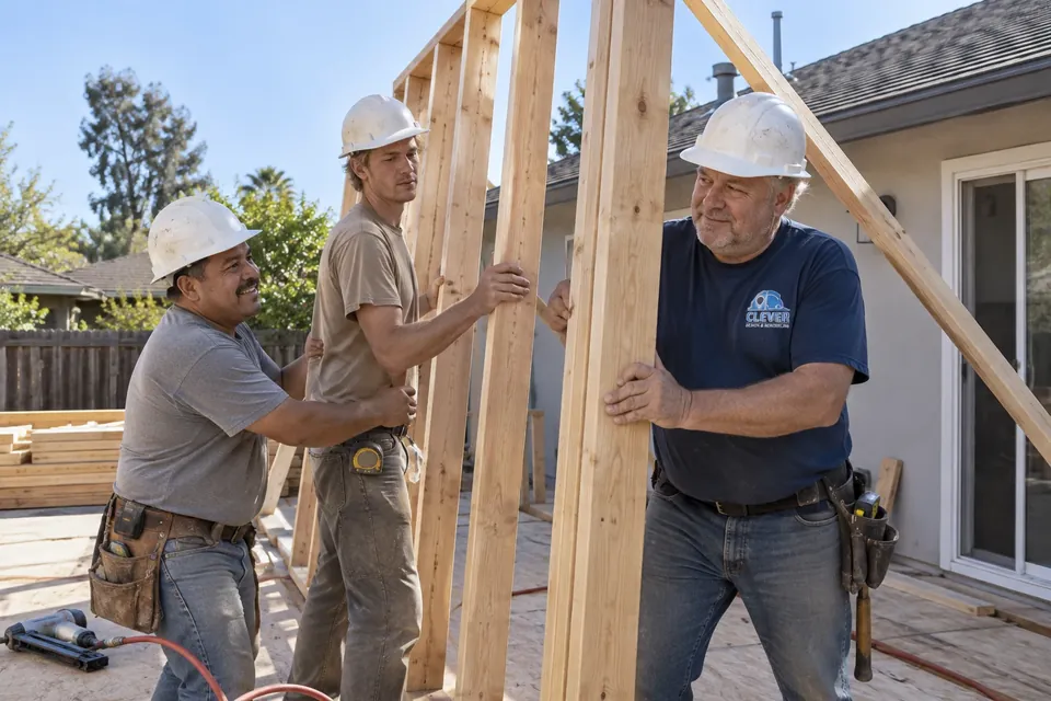 Three workers raising a framed wall for a rear home addition