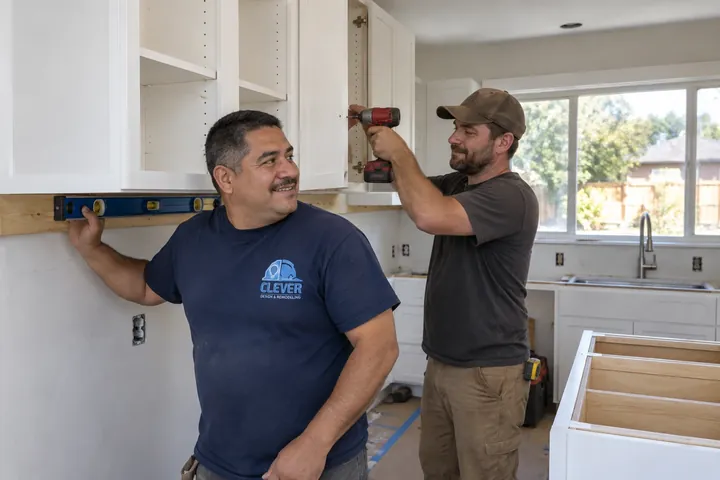 Two carpenters hanging white shaker upper cabinets in a kitchen remodel