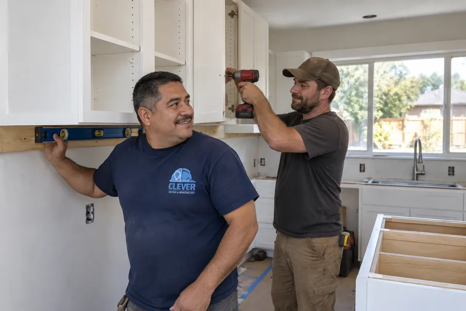 Two carpenters hanging white shaker upper cabinets in a kitchen remodel