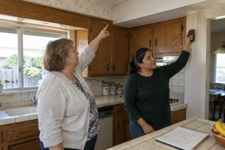 A designer measuring a dated kitchen with a laser measure as the homeowner points out a soffit