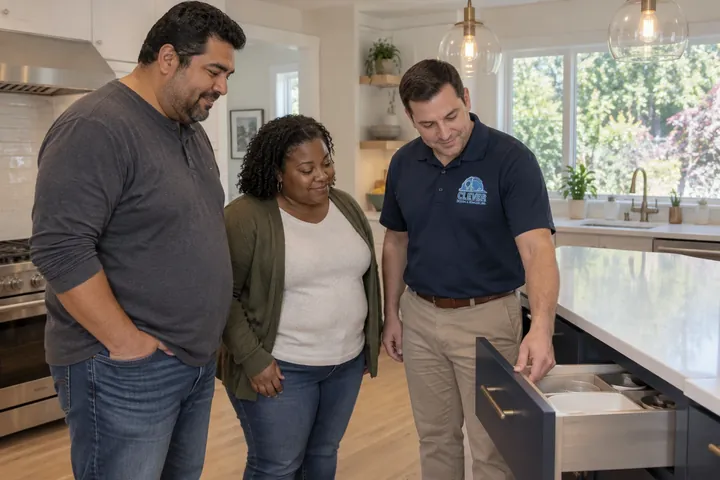 A project manager showing homeowners their finished kitchen on the final walkthrough