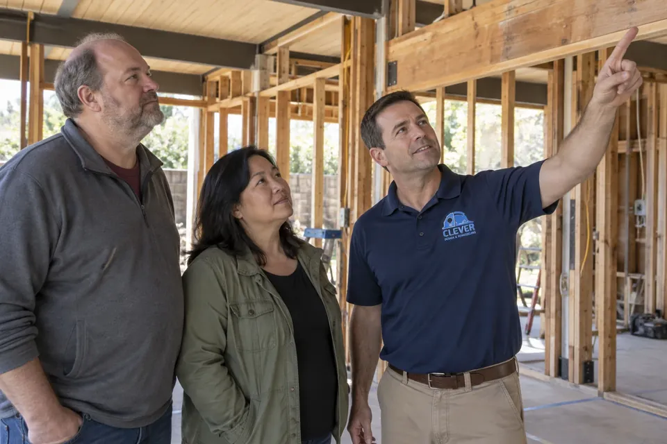 A project manager showing homeowners the new beam in their whole-home remodel